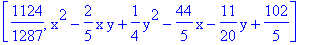 [1124/1287, x^2-2/5*x*y+1/4*y^2-44/5*x-11/20*y+102/5]